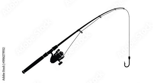 Simple black silhouette of a fishing rod with a visible hook