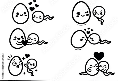 Cute black and white sperm and egg characters in love vector art set