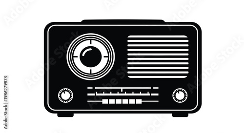 A black and white illustration of a vintage tabletop radio