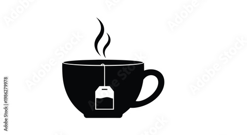 A simple black and white illustration of a cup of hot tea