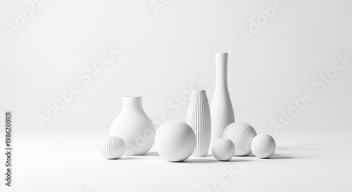 Minimalist white ceramic vases and spheres on a bright white background