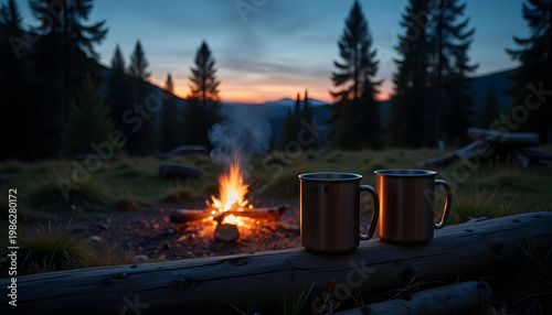 Cozy metal mugs beside campfire in twilight forest clearing, camping warmth