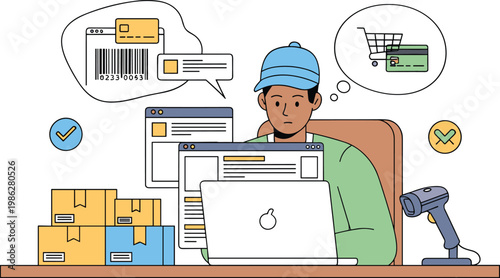 Ecommerce order verification concept with barcode scanning inventory management online store processing and digital retail workflow illustration