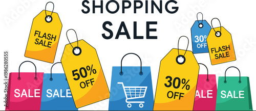 Shopping sale concept with discount tags ecommerce bags retail promotion and online store marketing illustration