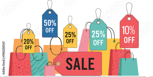 Retail sale discount concept with shopping bags percentage tags ecommerce promotion and marketing illustration