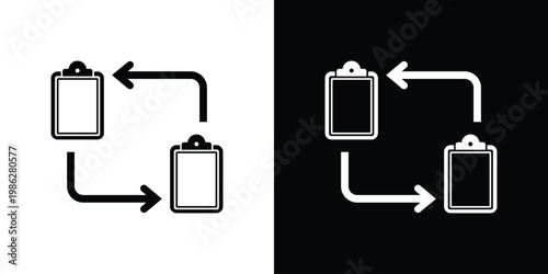 Vector illustration of two clipboards with circular arrows, symbolizing task management, data synchronization, workflow updates, and administrative process automation in a flat style.