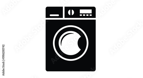 A simple black and white illustration depicting a front loading washing machine