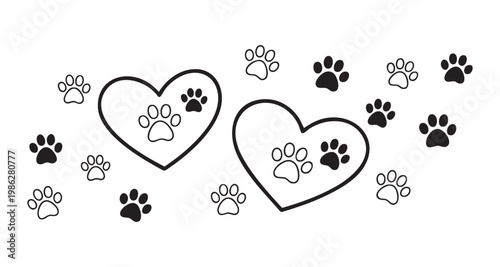 Two outline hearts with paw prints inside surrounded by animal paws vector