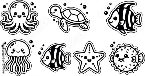 Black and white cartoon style happy sea creatures collection including octopus turtle fish jellyfish starfish and pufferfish