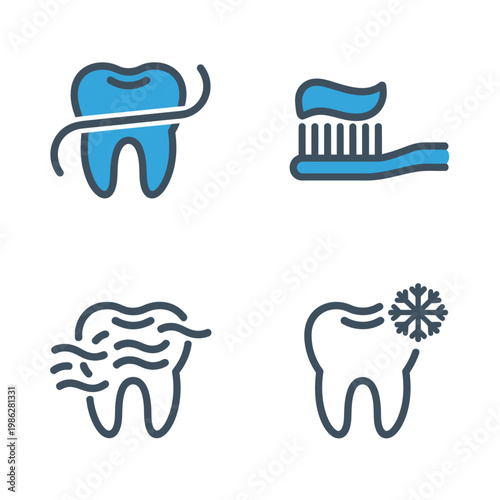 Vector of dental care icons including tooth flossing and sensitivity to cold and hot temperatures