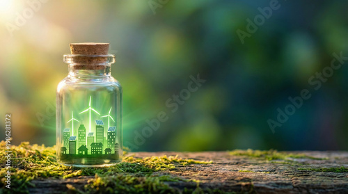 Sustainable Green City in a Glass Bottle Banner, Conceptualizing Renewable Energy with Wind Turbines and Solar Panels for Future Ecology Protection