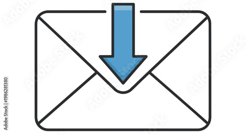 Blue arrow pointing down into a white business email envelope