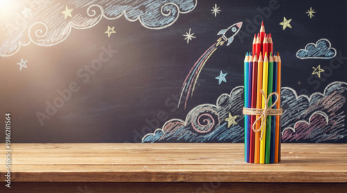 Creative Back to School Banner with Colored Pencil Rocket Ship on Wooden Table Against Chalkboard with Space Drawings and Copy Space