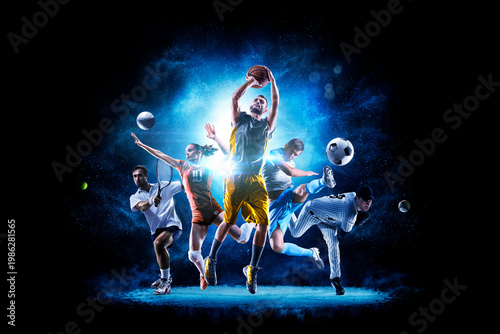 Multi-sport collage depicting various sports and hobbies. Isolated on a black. A joyful collage of several sports. Athletes on a beautiful black background with a flash of light behind them.