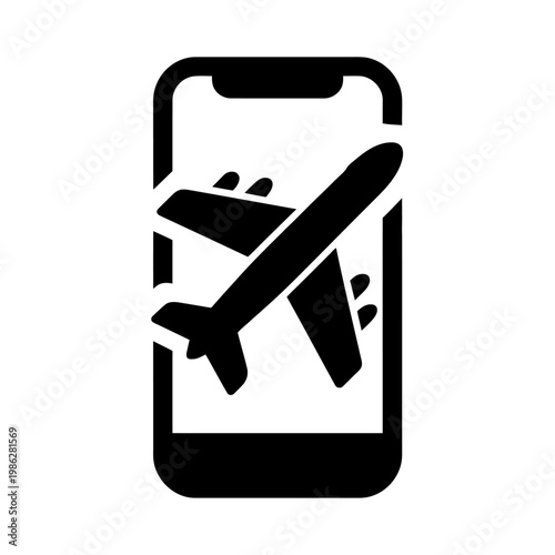 Vector graphic of a smartphone with a black airplane icon on its screen, indicating no flight mode.