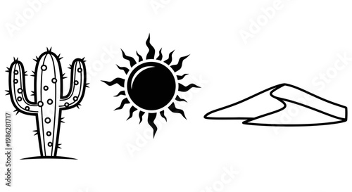 Simple black icon set featuring a desert cactus sun dune