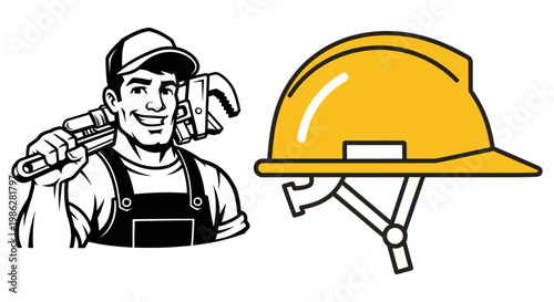 Smiling construction worker holding a pipe wrench near yellow helmet