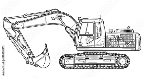 Detailed black and white line drawing of a powerful excavator