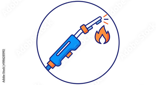 Blue welding torch icon emitting orange flames for industrial metal work