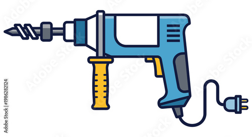 Blue electric power drill with a yellow handle for construction work