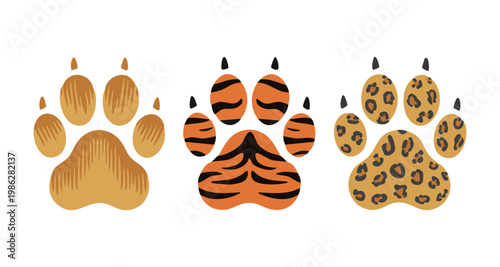 Leopard tiger and lion paw prints with distinctive skin patterns and realistic animal fur textures