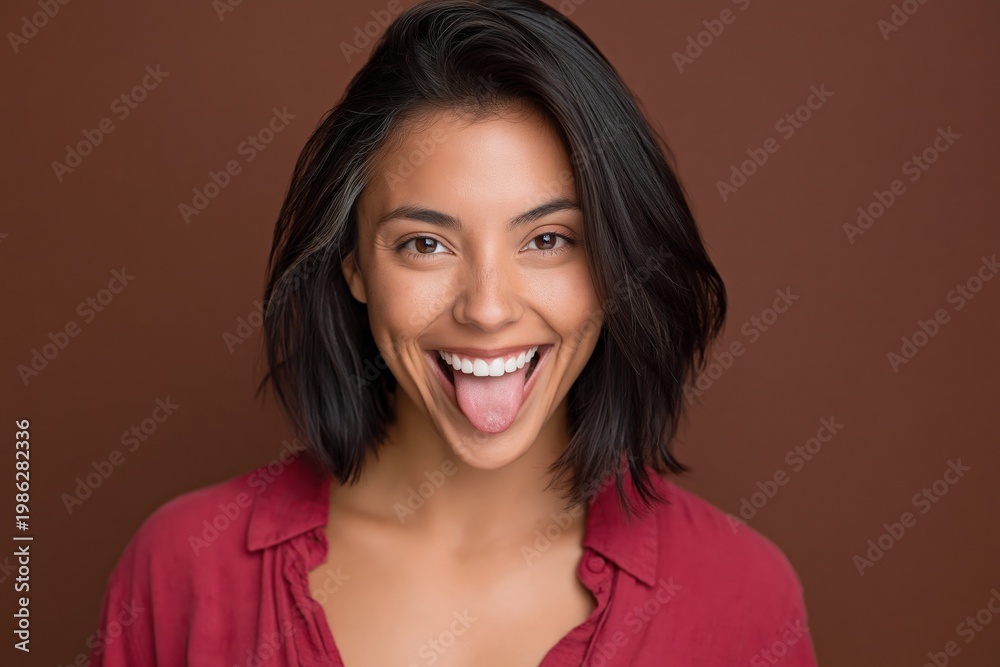 Fototapeta premium Young woman sticking out tongue in brown studio portrait