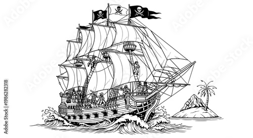 Detailed line art drawing of a large sailing pirate ship