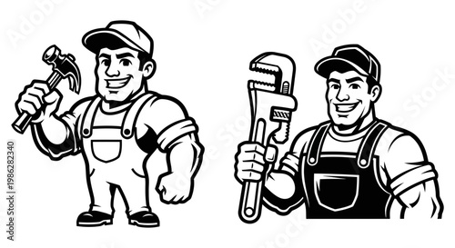 Two smiling construction workers holding a heavy hammer and pipe wrench
