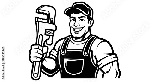 Happy smiling plumber wearing a cap and holding a pipe wrench