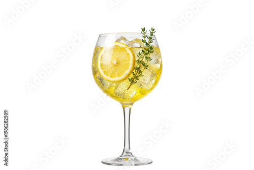 lemon thyme gin and tonic or limoncello spritz cocktail with lemon slice and ice in a balloon glass on transparent background