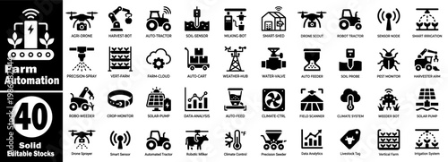 Set of forty solid agricultural automation icons. Featuring smart farming machinery, sensors, and drones for precision agriculture in bold black glyph style.