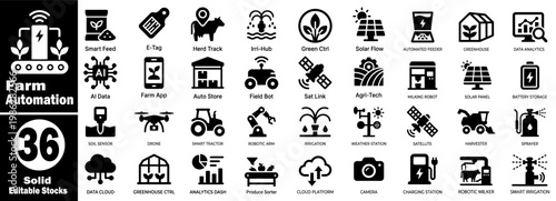 Farm automation solid editable stocks, set of 36 glyph icons representing smart farming, precision agriculture, and modern agricultural technology.