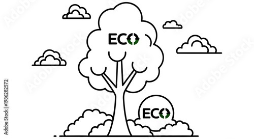 Minimalist line art drawing showing a healthy green eco tree