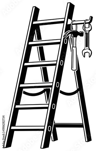 Illustration of a stepladder with hanging tools ready for work