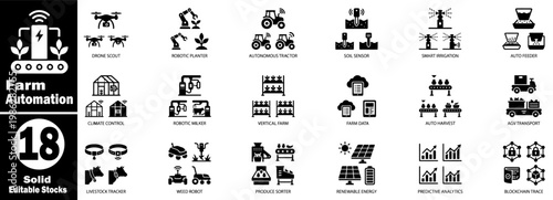 Farm automation solid editable stocks, a comprehensive collection of 18 glyph icons symbolizing advanced agricultural processes.
