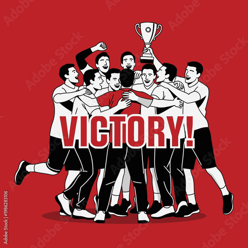 Triumphant Team Celebrates Victory Holding Trophy High in Joyous Celebration