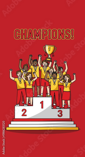 Triumphant Team Celebrates Victory on Podium with Trophy and Joyful Gestures Illustrating Triumph