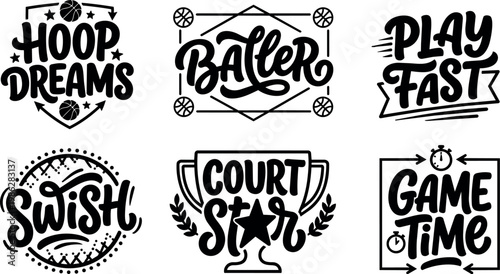 Black and white basketball lettering hoop dreams play fast swish court star game time