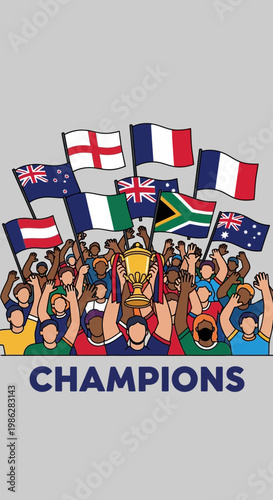 Triumphant Team Celebrates Victory with Flags and Trophy Amidst Ecstatic Champions Crowd Display