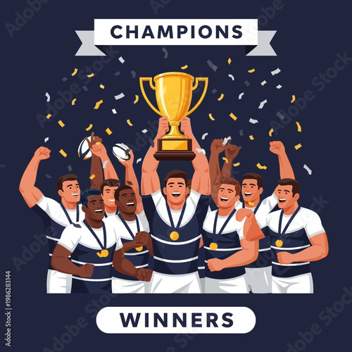 Triumphant Team Celebrates Victory with Trophy Raised High Amidst Festive Confetti