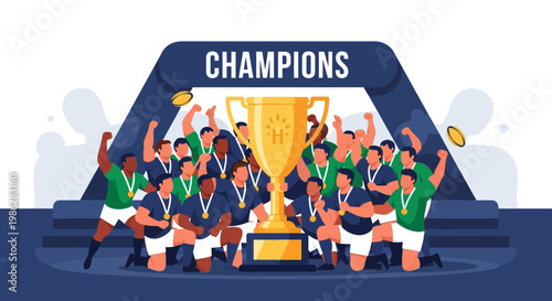 Triumphant Team Celebrates Victory with Trophy, Achieving Championship Success and Glory