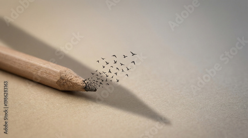 Creative Banner Concept of a Wooden Pencil with Lead Tip Transforming into a Flock of Birds Flying Away, Symbolizing Freedom of Expression and Ideas