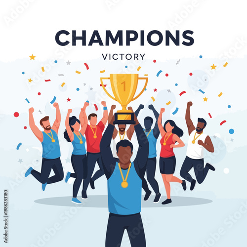 Triumphant Team Celebrating Victory After Achieving Champion Status With Golden Trophy
