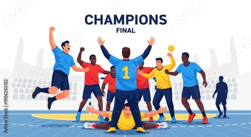 Triumphant Team Celebrating Victory After Handball Championship Final, Amazing Illustration