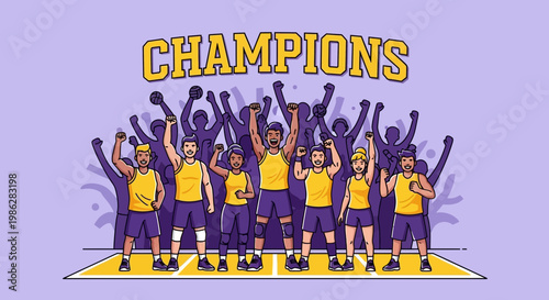 Triumphant Team Celebrating Victory After Successful Match with Excited Crowd Cheer in Background