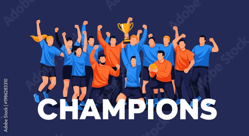 Triumphant Team Celebrating Victory With Golden Trophy, Illustrative Champion Design