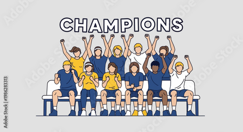 Triumphant Team Celebrating Victory, Group Of Champions, Illustrated Sport Success Concept
