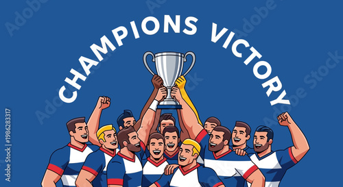 Triumphant Team Celebrating Victory, Holding The Trophy, Champions Achieved Success