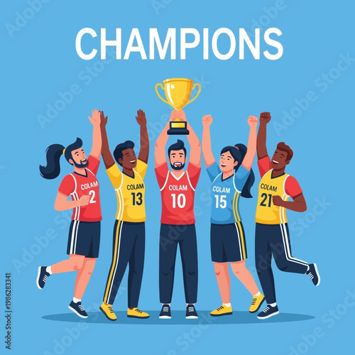 Triumphant Team Celebrating Victory, Holding a Golden Trophy, Representing Success and Achievement
