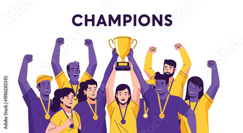 Triumphant Team Celebrating Victory, Holding The Trophy, Champions Achieving Success Together